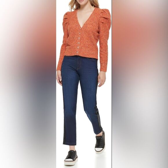 Karl Lagerfeld Paris orange ruffle shoulder cardigan sweater, wool blend, medium - Picture 2 of 14